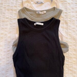 Zara Women's Ribbed crop Tank Top Set - Black, White, Green